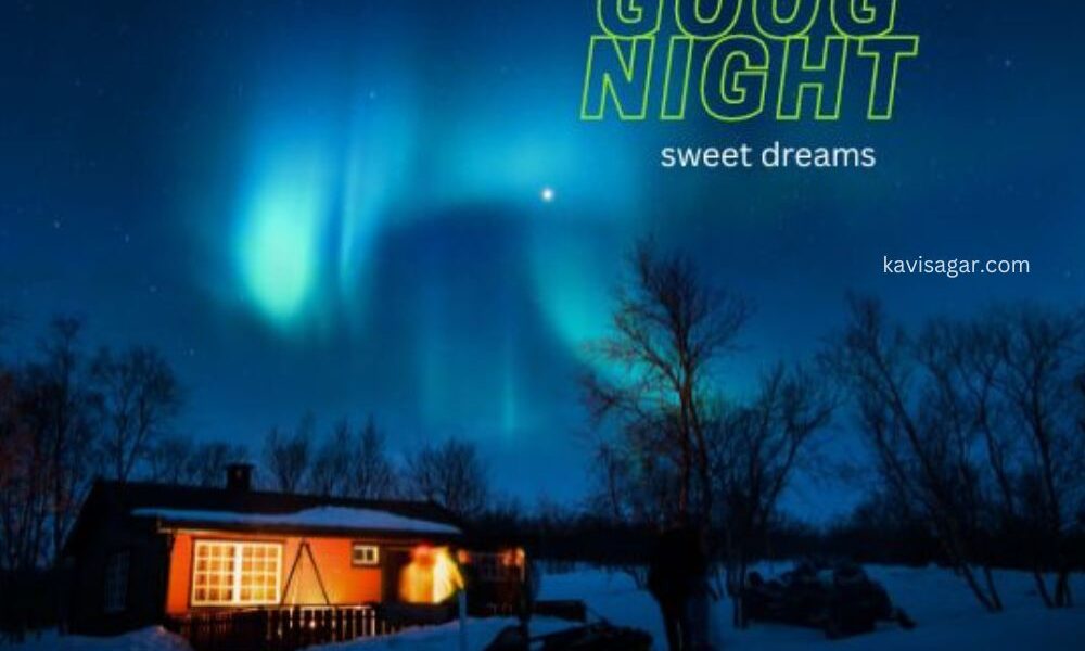 Good night look of a hut and trees in night with blue background.